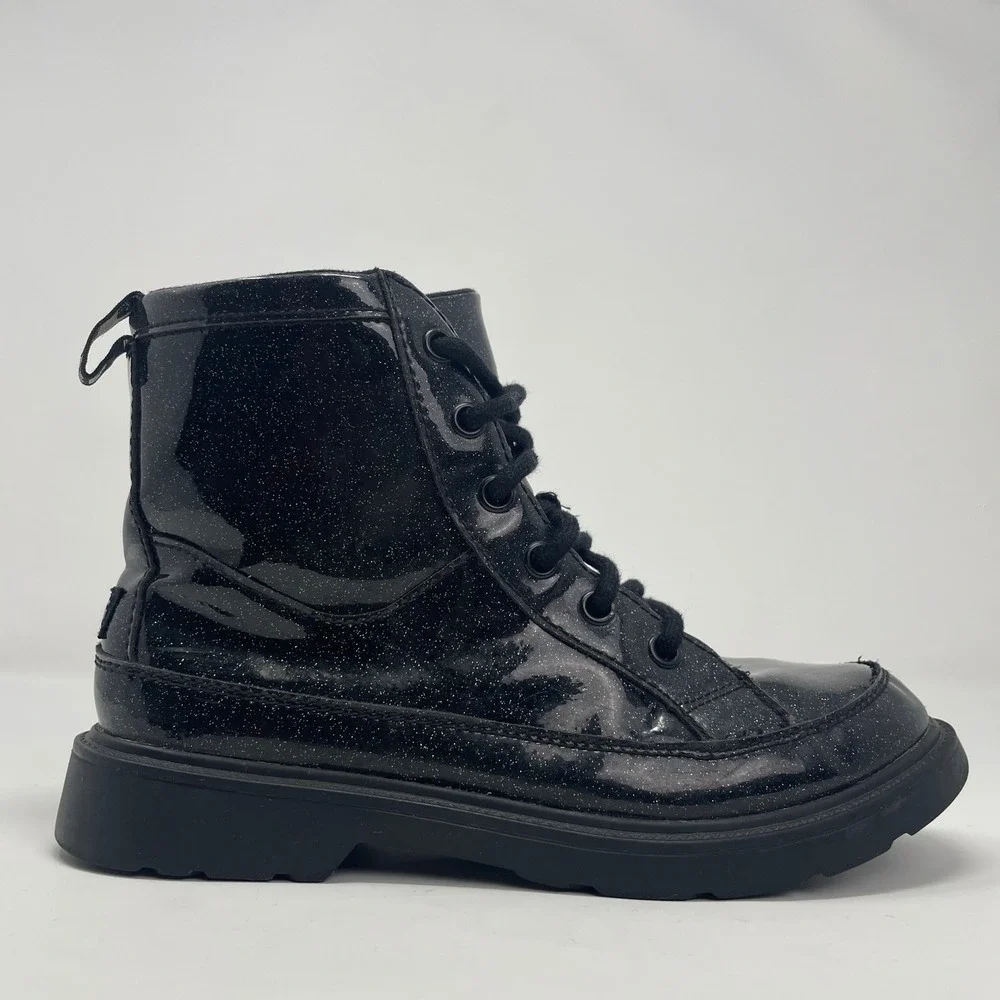 UGG Robley Glitter Boot Black Lace Up Zip Winter Kids 4‎ Youth Patent Leather